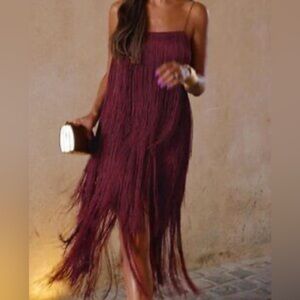 Zara Burgundy Fringe Midi Dress